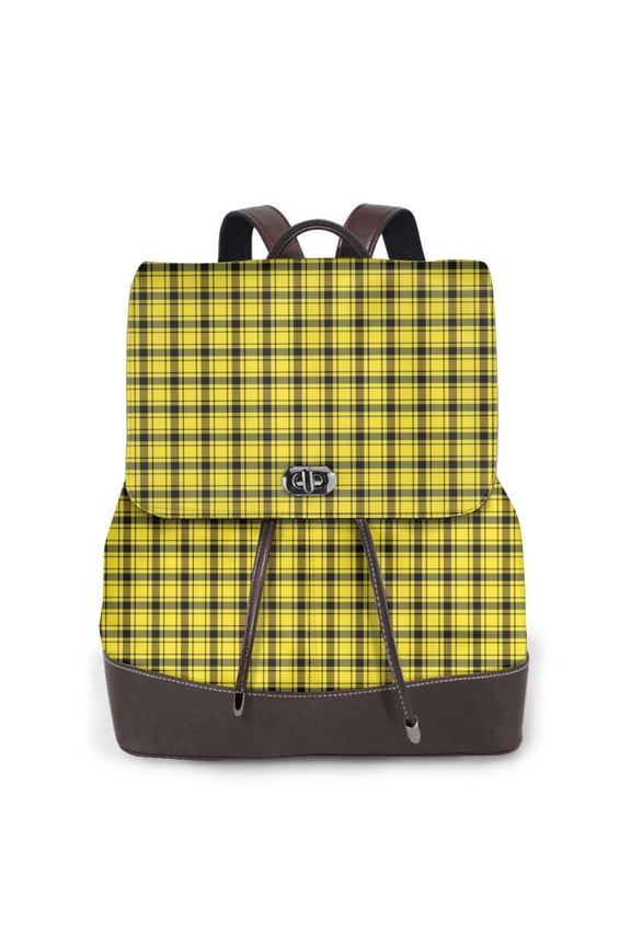Yellow Checkered Plaid Print Large Backpack Soft Leather for Women Travel with Compartment, Adjustable Convertible Strap