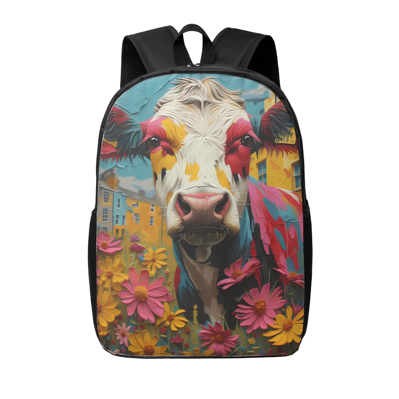 Xecao Yellow Daisy Cow print Travel Backpack, Large Computer Backpack for Men Women, College School Rucksack Book Bag