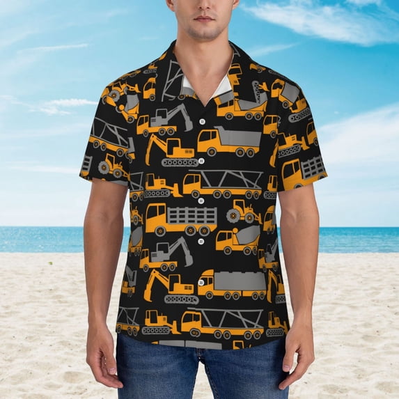 Xecao Yellow Excavator print Hawaiian shirt - a stylish short-sleeve button-down for men, perfect for casual beach and tropical outings.