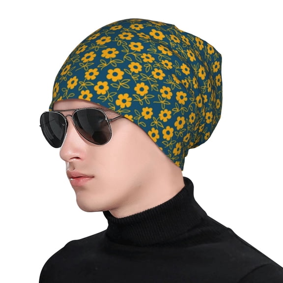 Xecao Yellow Floral Print Beanie Knitted Hat for Men Women, Winter Fashion Knit Cuffed Caps Unisex
