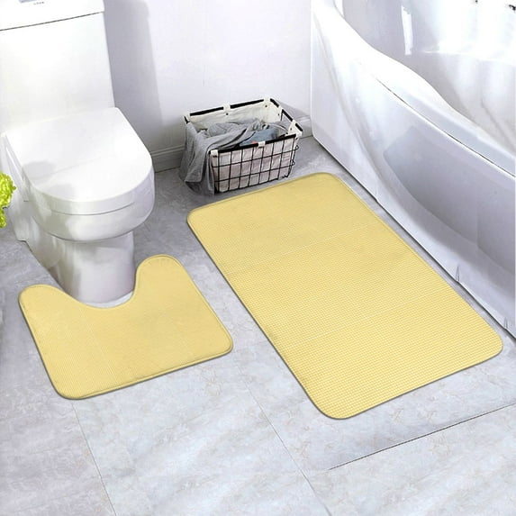 Xecao Yellow Gingham 2-Piece Vintage Seamless Anti-Skid Mat Set, featuring a stylish pattern for a safe and elegant toilet rug experience