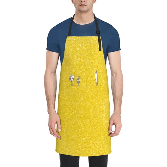Xecao Yellow Glitter Print Kitchen Cooking Aprons, Waterproof Adjustable Bib Aprons with 2 Pockets for Women Men Chef