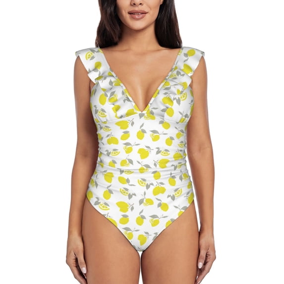 Xecao Yellow Lemon Leaves print Ruffle One-Piece Swimsuit for Women,for the Beach or Pool