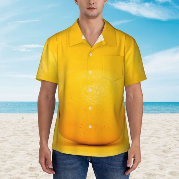 Xecao Yellow Lemon print Hawaiian shirt - a stylish short-sleeve button-down for men, perfect for casual beach and tropical outings.