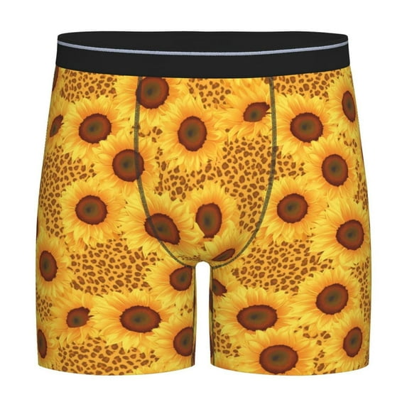Xecao Yellow Leopard Print Sunflower Print Boxer Briefs for Men's Stretch Moisture-Wicking Underwear, Mid-Rise Classics breathable fabric