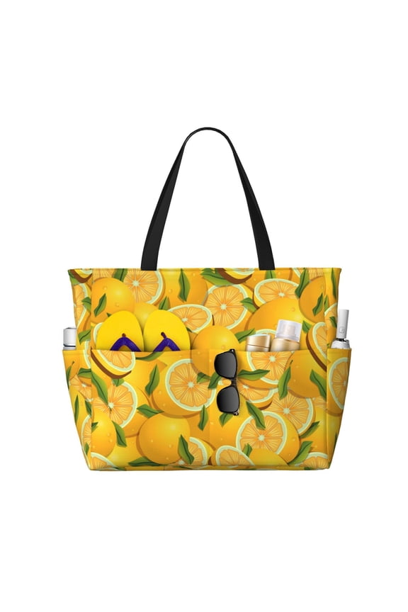 Yellow Limes for versatile beach bag for women includes zipper pockets and waterproof material, ideal for vacations and adventures.