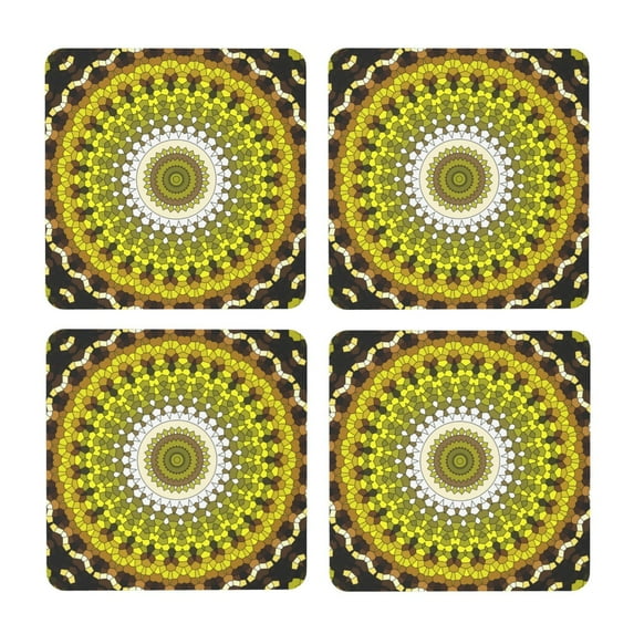 Xecao Yellow Mandala for MDF Cork Coaster 4 Pcs,Drink Coasters,Suit for House Warming Gifts New Home ,Coffee Table Decor-Square