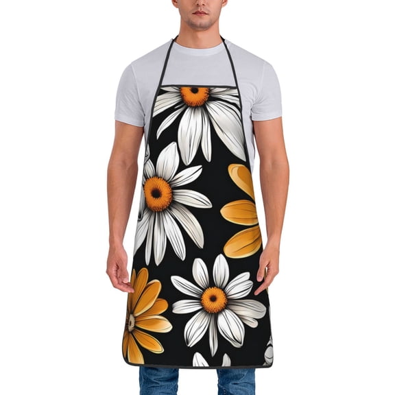 Xecao Yellow White Daisy Pattern Print Funny BBQ Chef Aprons for Men Women,Adjustable Kitchen Cooking Aprons with Pocket Waterproof Oil Proof No Pilling Fading