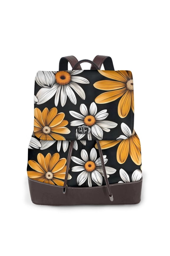 Yellow White Daisy Pattern Print Large Backpack Soft Leather for Women Travel with Compartment, Adjustable Convertible Strap