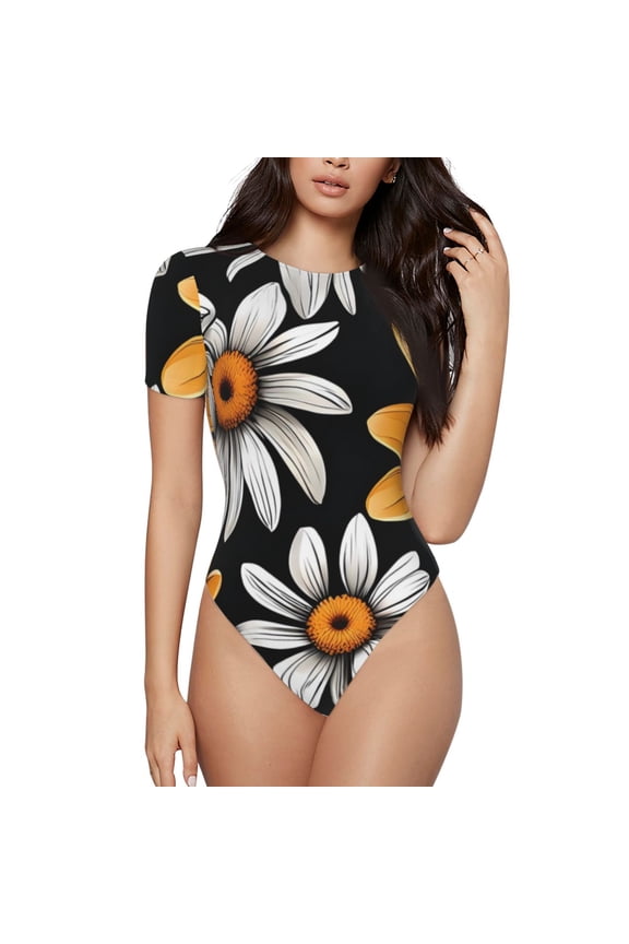 Yellow White Daisy Pattern Pattern Women's Crew Neck Body Suit, Short-Sleeved Bodysuit and Basic Swimsuit,Both Comfort and Style for Dating and Daily life -X-Large