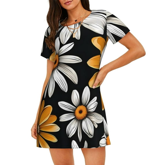 Xecao Yellow White Daisy Pattern for Women's Loose Nightgown Sleepwear Short Sleeves Shirt Casual Print Sleepdress