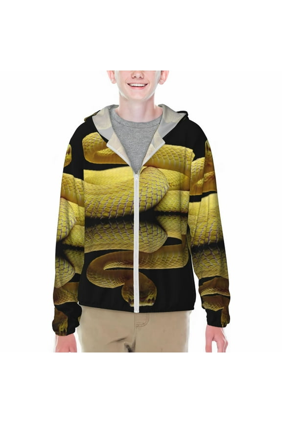 Yellow White-Lipped Pit Viper Print Fishing Shirts for teenager Long Sleeve UV Sun Protection Hoodie with Zipper Outdoor Hiking Shirts-Large