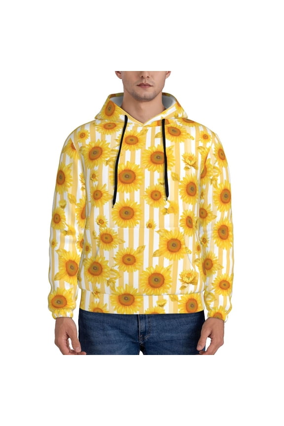 Yellow White Striped Sunflower Pattern Men's Adult Pullover Hoodie,Hooded Sweatshirt-4X-Large