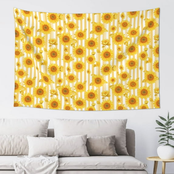Xecao Yellow White Striped Sunflower Print Tapestry, Wall Hanging Room Funny Decor, Backdrop Room Decor for Bedroom Living Room dormitory