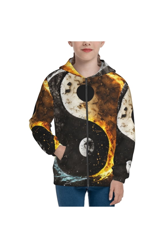 Yin Yang Pattern Zip Up Hoodies for Boys Girls, Sweatshirt with Pockets-Small