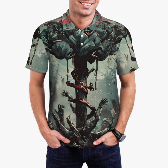 Xecao Zombie Flower Apocalypse Mens' Casual Short Sleeve Button-Down Polo Shirts for a Classic Golf Shirts-X-Large