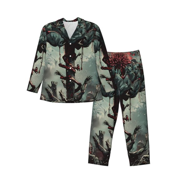 Xecao Zombie Flower Apocalypse Print Pajamas Set Mens Pajamas Long Sleeve Loungewear Two-Piece Sleepwear Button-Down Pjs Set,2PJS-