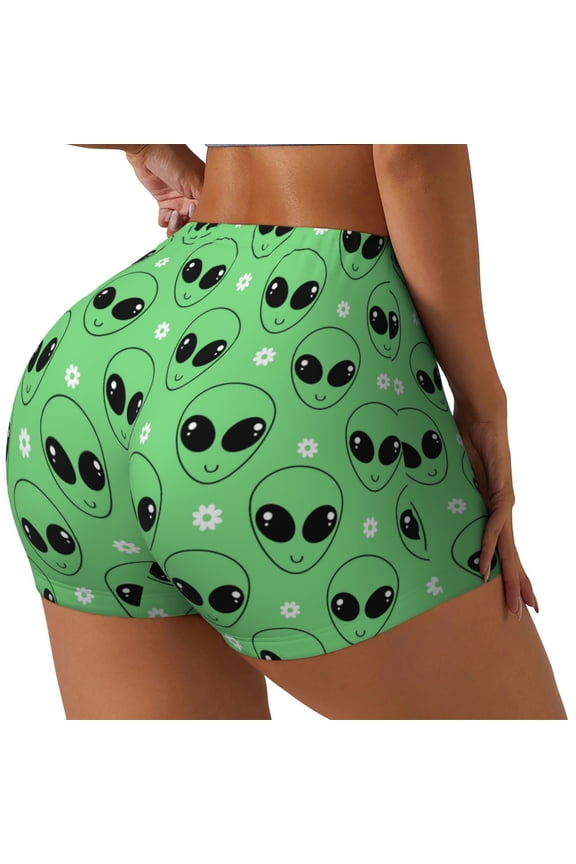alien cartoons Print Workout Shorts for Women Soft Smooth Gym Yoga Scrunch Active Tennis Workout Running Shorts-Medium