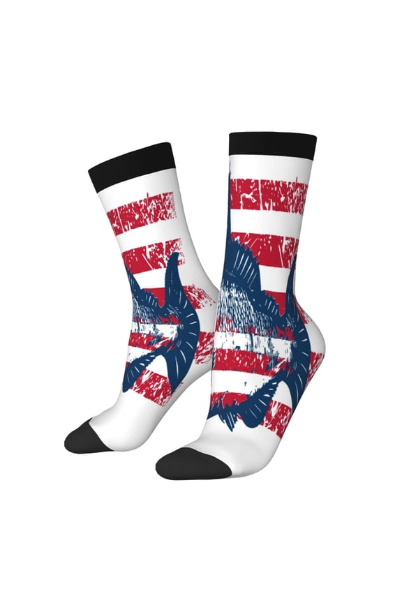 bass fish with the USA flag Pattern Sport Socks for Women and Men Crew Socks Sporty Calf Socks Casual Socks