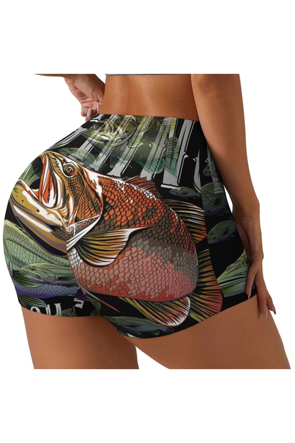 bass water fishing Print Workout Shorts for Women Soft Smooth Gym Yoga Scrunch Active Tennis Workout Running Shorts-Medium