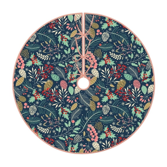 Xecao berry Nuts Leaf Pattern Christmas Tree Skirt Round Xmas Tree Mat Base Cover for Holiday Home Decorations-30"