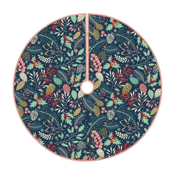 Xecao berry Nuts Leaf Pattern Christmas Tree Skirt Round Xmas Tree Mat Base Cover for Holiday Home Decorations-48"