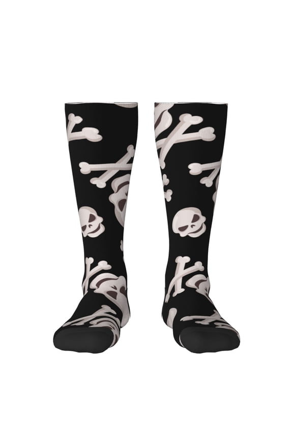 black white Skull bone print thigh-high socks, crafted for both men and women with a stretchy, high-opaque design perfect for daily wear