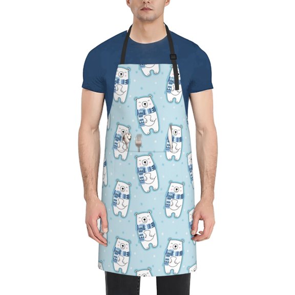 Xecao blue Scarf Bear Print Kitchen Cooking Aprons, Waterproof Adjustable Bib Aprons with 2 Pockets for Women Men Chef