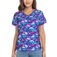 thumbnail image 1 of Xecao blue Skull purple flower for Women's V-Neck T-Shirts-Elegant Half-Sleeve Tops Perfect for Summer-Medium, 1 of 5