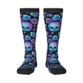thumbnail image 1 of Xecao blue daisy Skull flower print thigh-high socks, crafted for both men and women with a stretchy, high-opaque design perfect for daily wear, 1 of 6