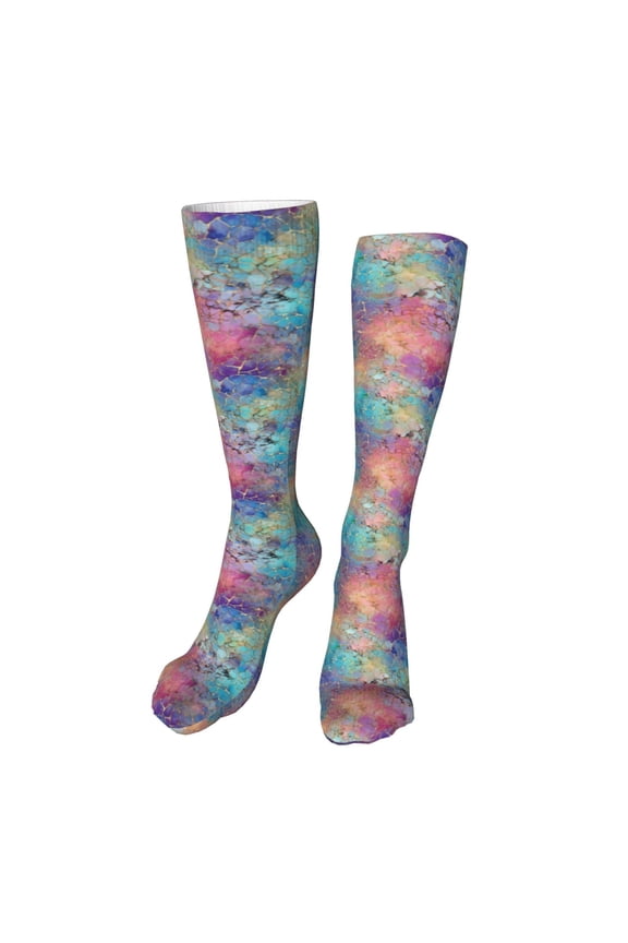 blue pink colorful cracked texture Print Calf Socks Seamless Toe, Knee High Long Socks, Sports Socks Trouser Socks for Women and Men-One Size
