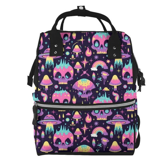 Xecao cartoon Skull rainbow space print Large Capacity Nappy Bag is a multi-functional waterproof travel backpack, perfect as a nursing bag or mummy backpack for women