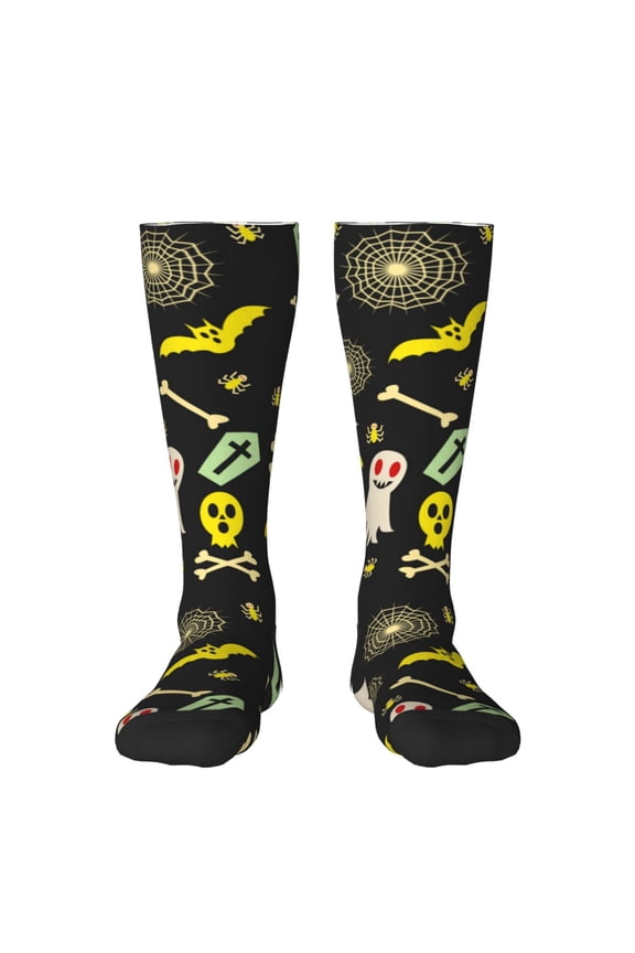 cartoon Skull spider web print thigh-high socks, crafted for both men and women with a stretchy, high-opaque design perfect for daily wear