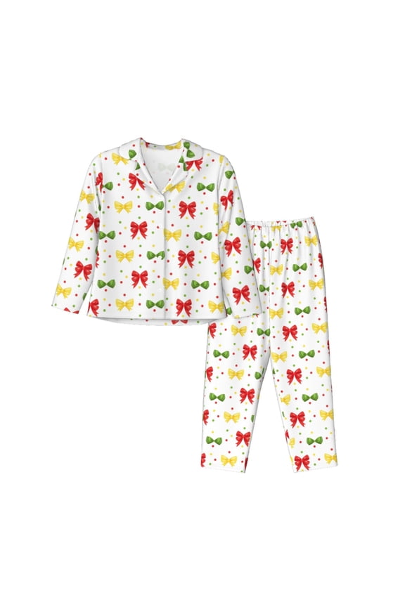 cartoon colorful Bow tie Print Women Pajamas Set Soft Sleepwear Pjs long Sleeve Button Down Nightwear with Long Pants-X-Large