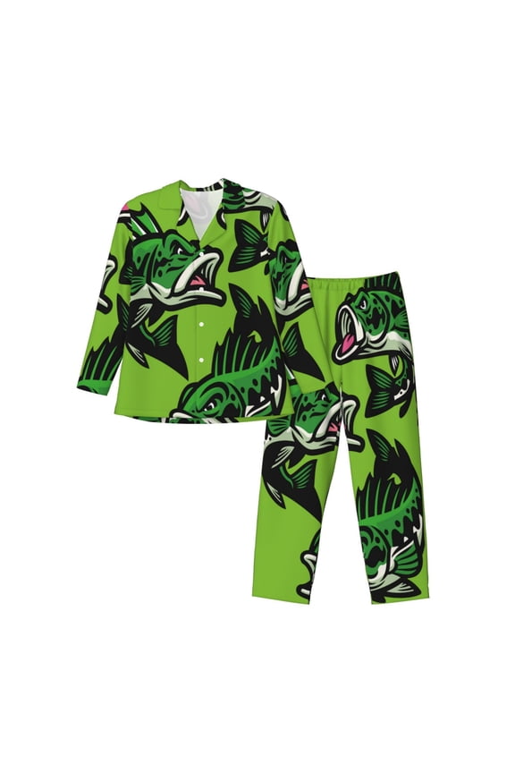 cartoon largemouth bass fish Print Pajamas Set Mens Pajamas Long Sleeve Loungewear Two-Piece Sleepwear Button-Down Pjs Set,2PJS-XX-Large
