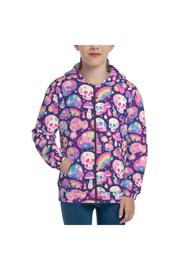 cartoon rainbow Skull Pattern Zip Up Hoodies for Boys Girls, Sweatshirt with Pockets-Small
