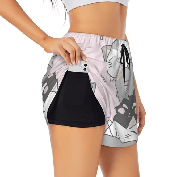 Xecao cat Double-Layer Running Shorts for Women, Perfect for Gym, Tennis, and More, Featuring a Convenient Pocket-XX-Large