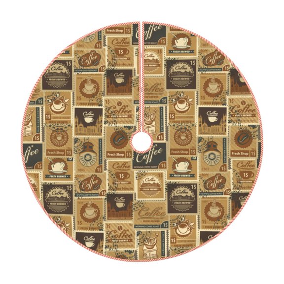 Xecao coffee Stamps Pattern Christmas Tree Skirt Round Xmas Tree Mat Base Cover for Holiday Home Decorations-30"