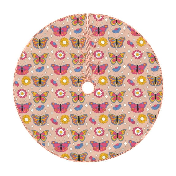 Xecao colorful Butterfly Daisy Pattern Christmas Tree Skirt Round Xmas Tree Mat Base Cover for Holiday Home Decorations-36"