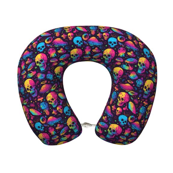 Xecao colorful Skull Retro Print Memory Foam Cervical Neck Pillow Versatile U-Shaped Pillows for Home,Office,Camping,Travelling,Soft Washable Cover