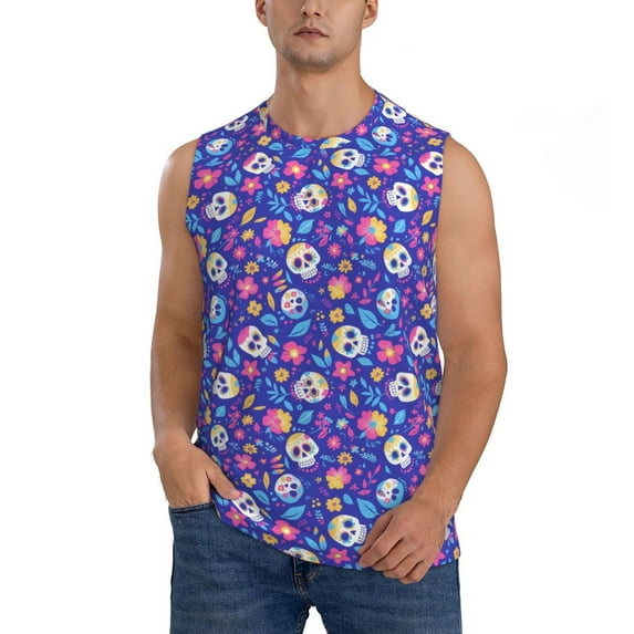 Xecao colorful Skull flower leaf Print Men's Tank Top: Sleek Sleeveless Tee for Casual Sports and Beach Occasions-XX-Large
