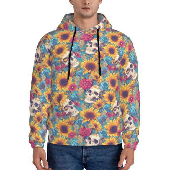 Xecao colorful Skull sunflower Pattern Men's Adult Pullover Hoodie,Hooded Sweatshirt-X-Large