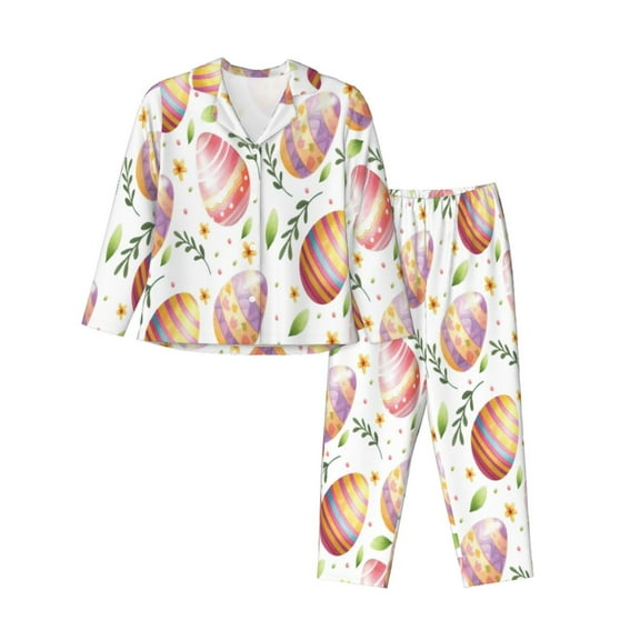Xecao colorful easter eggs Print Women Pajamas Set Soft Sleepwear Pjs long Sleeve Button Down Nightwear with Long Pants-XX-Large