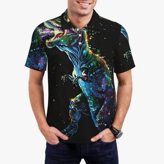 Xecao colorful flames dinosaur Mens' Casual Short Sleeve Button-Down Polo Shirts for a Classic Golf Shirts-X-Large