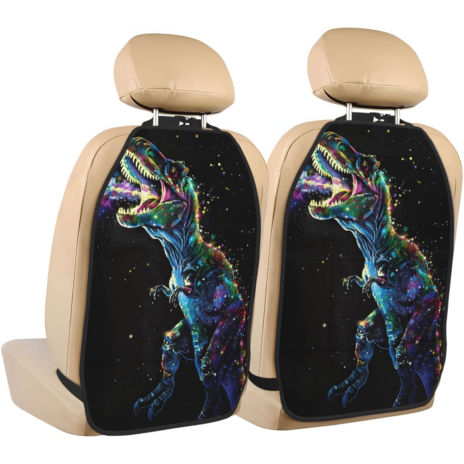 Xecao colorful flames dinosaur Pattern Car Seat Back Protector 2 Pack Large Capacity Pocket, Kick Mats Back Seat Protector