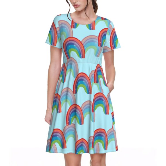 Xecao colorful rainbow for Women Summer Short Sleeve Midi Dress with Pockets Casual Aline Flowy Tshirt Dress Vocation Beach Sundress