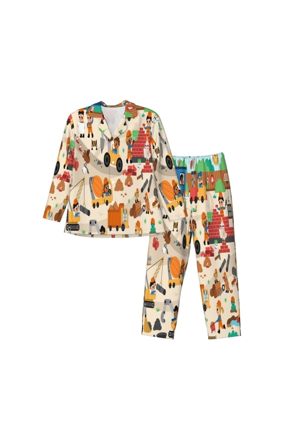 construction road work landscape Print Pajamas Set Mens Pajamas Long Sleeve Loungewear Two-Piece Sleepwear Button-Down Pjs Set,2PJS-Medium