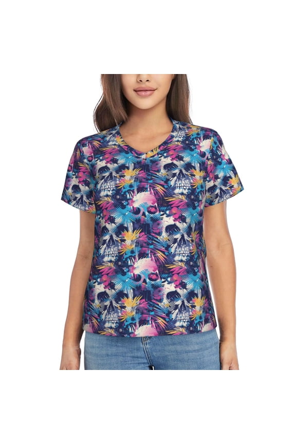 cool Skull colorful for Women's V-Neck T-Shirts-Elegant Half-Sleeve Tops Perfect for Summer-X-Large