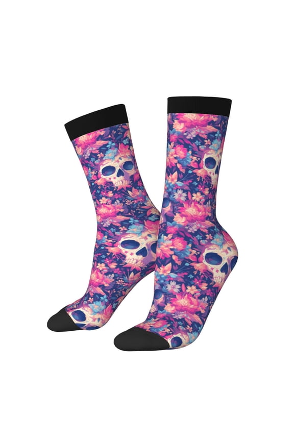 cool Skull flower colorful Pattern Sport Socks for Women and Men Crew Socks Sporty Calf Socks Casual Socks