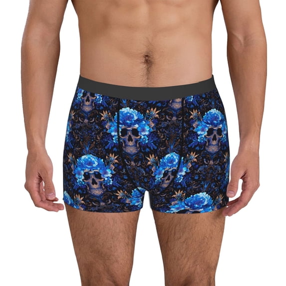 Xecao cool blue flower Skull Print Men's Underwear Boxer Briefs Pack - Your ComfortSoft, Moisture-Wicking, and Breathable Choice for Men's Underwear-Small